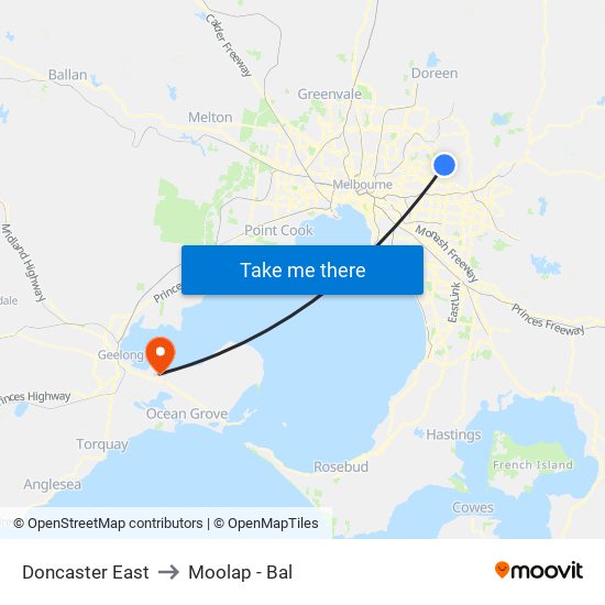 Doncaster East to Moolap - Bal map