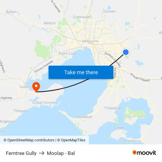 Ferntree Gully to Moolap - Bal map