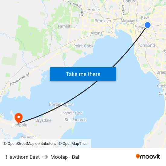 Hawthorn East to Moolap - Bal map
