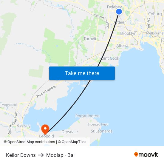 Keilor Downs to Moolap - Bal map