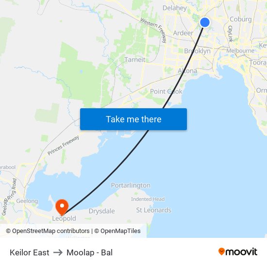 Keilor East to Moolap - Bal map