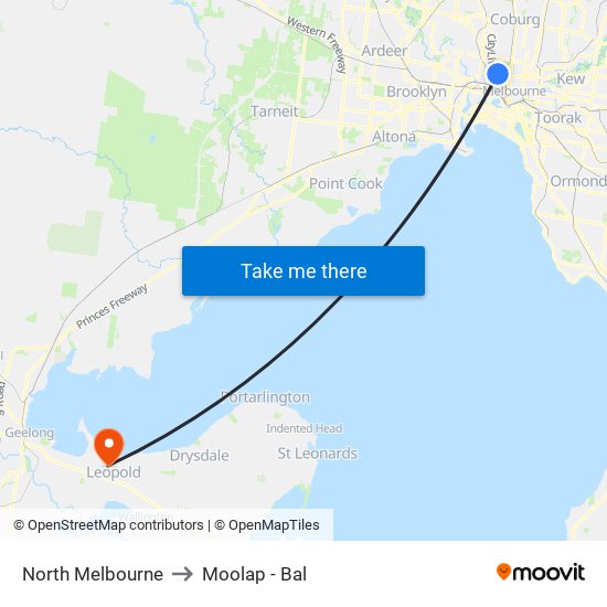 North Melbourne to Moolap - Bal map