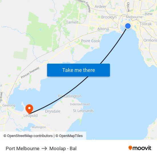 Port Melbourne to Moolap - Bal map