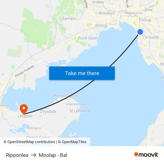 Ripponlea to Moolap - Bal map