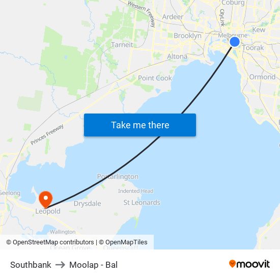 Southbank to Moolap - Bal map