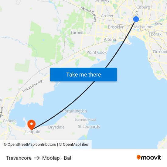 Travancore to Moolap - Bal map