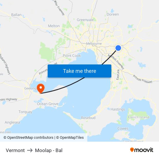 Vermont to Moolap - Bal map