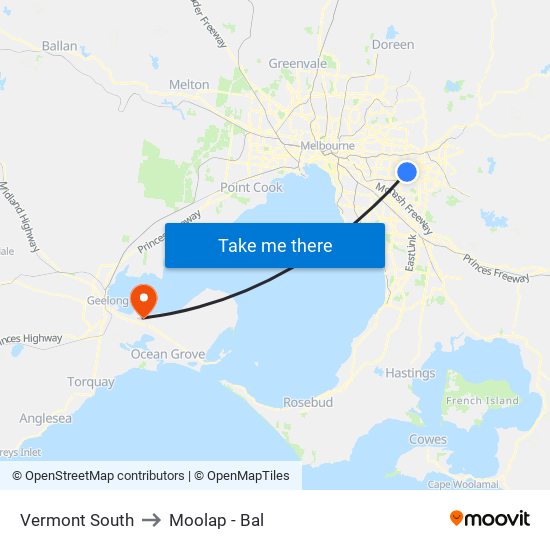 Vermont South to Moolap - Bal map