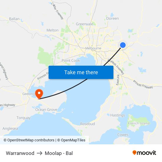 Warranwood to Moolap - Bal map