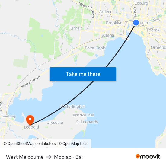 West Melbourne to Moolap - Bal map