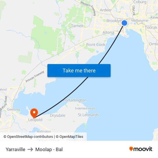 Yarraville to Moolap - Bal map