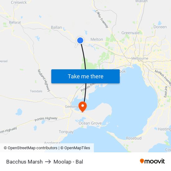 Bacchus Marsh to Moolap - Bal map