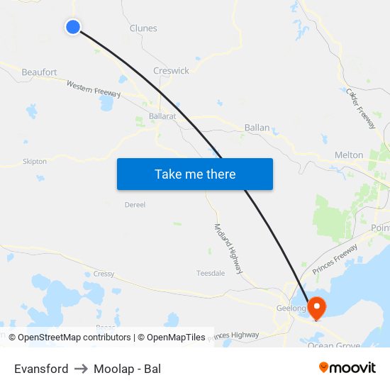 Evansford to Moolap - Bal map