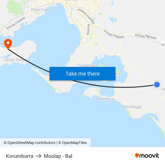 Korumburra to Moolap - Bal map