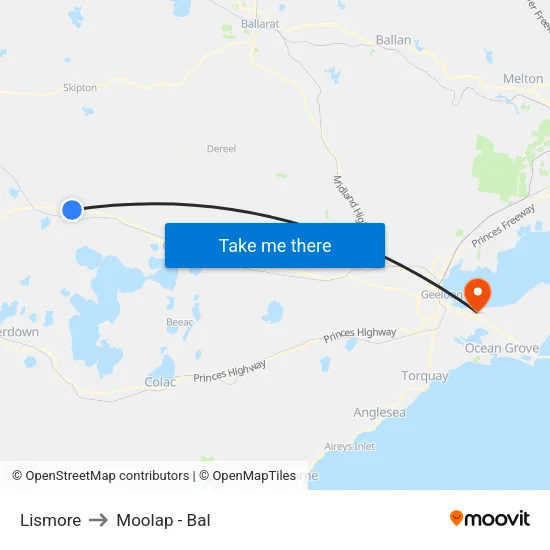 Lismore to Moolap - Bal map