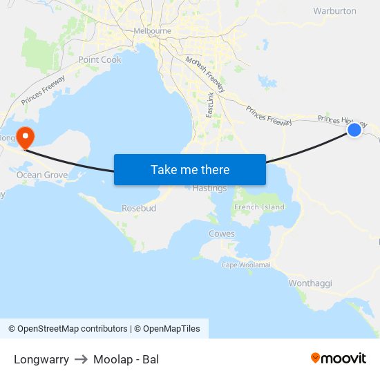 Longwarry to Moolap - Bal map