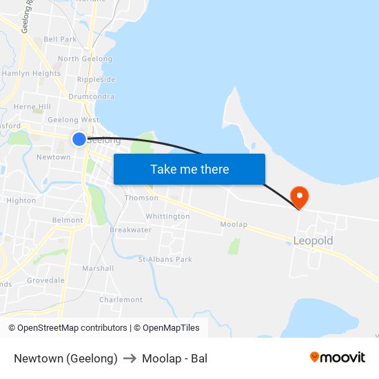 Newtown (Geelong) to Moolap - Bal map