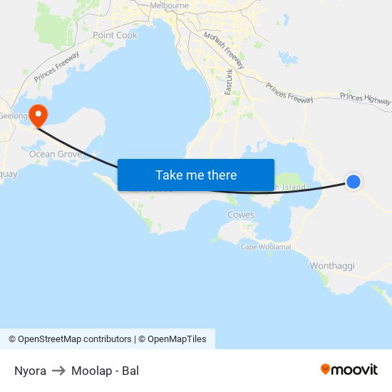 Nyora to Moolap - Bal map