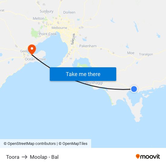 Toora to Moolap - Bal map