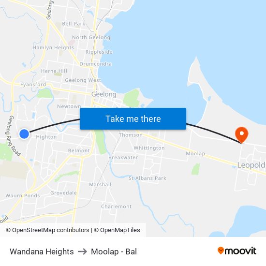 Wandana Heights to Moolap - Bal map