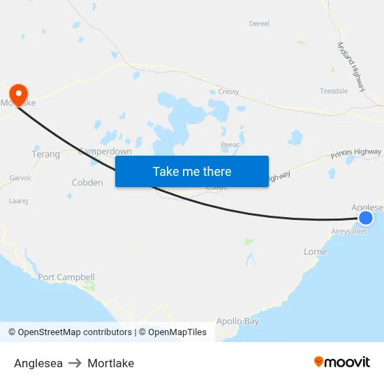 Anglesea to Mortlake map