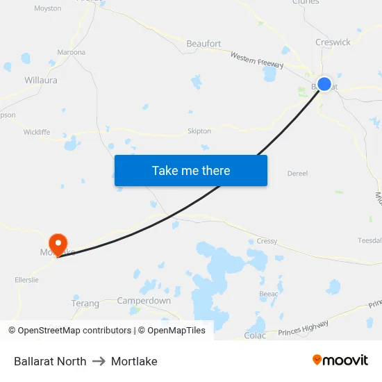 Ballarat North to Mortlake map