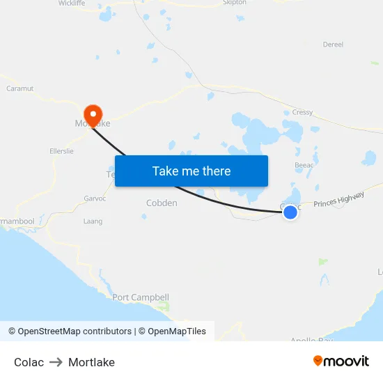 Colac to Mortlake map