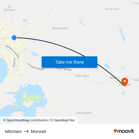 Mitcham to Morwell map