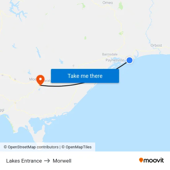 Lakes Entrance to Morwell map