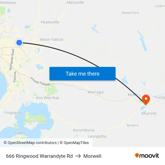 666 Ringwood Warrandyte Rd to Morwell map