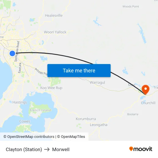 Clayton (Station) to Morwell map