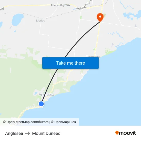 Anglesea to Mount Duneed map