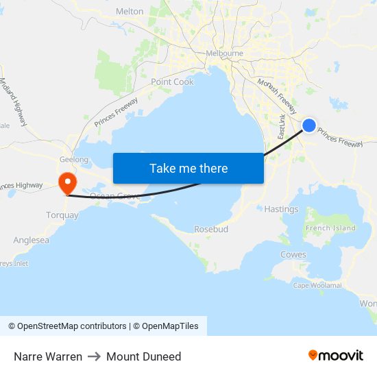 Narre Warren to Mount Duneed map