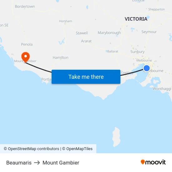 Beaumaris to Mount Gambier map