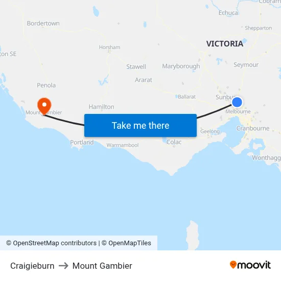 Craigieburn to Mount Gambier map