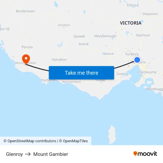 Glenroy to Mount Gambier map