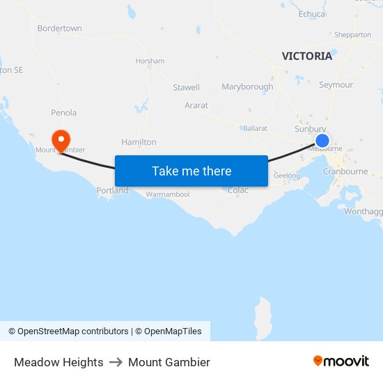 Meadow Heights to Mount Gambier map