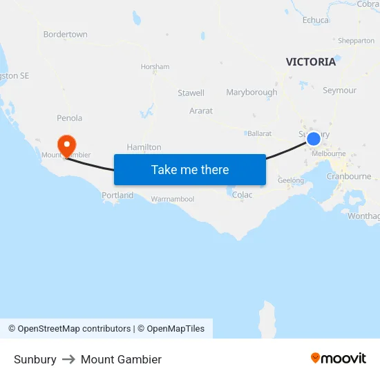 Sunbury to Mount Gambier map