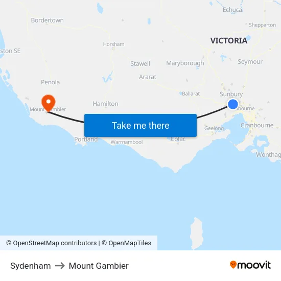 Sydenham to Mount Gambier map