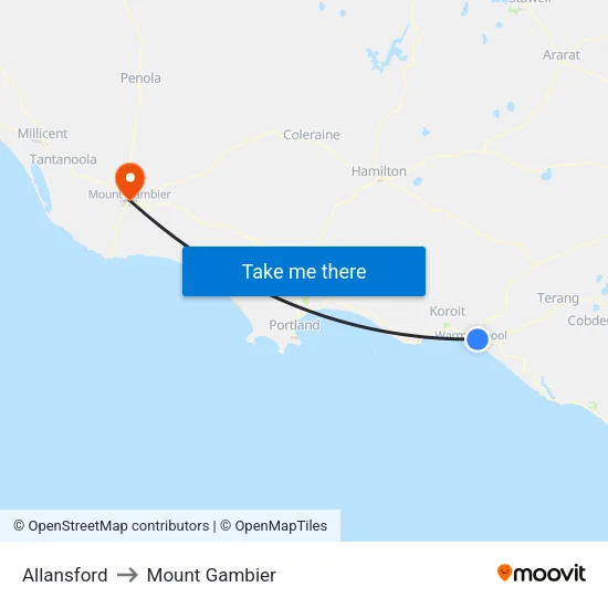 Allansford to Mount Gambier map