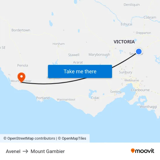 Avenel to Mount Gambier map