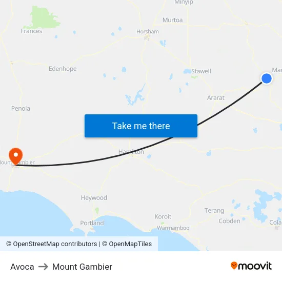 Avoca to Mount Gambier map