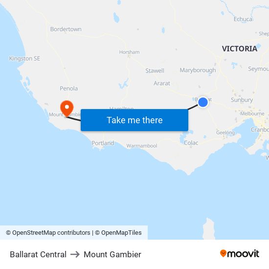 Ballarat Central to Mount Gambier map