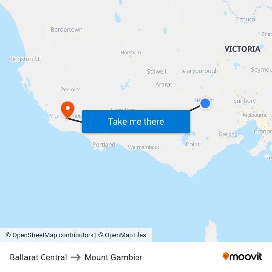 Ballarat Central to Mount Gambier map