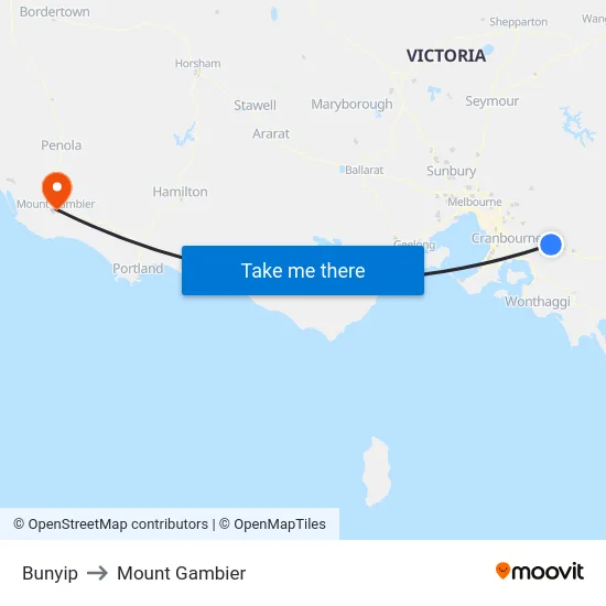 Bunyip to Mount Gambier map
