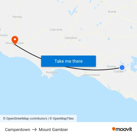 Camperdown to Mount Gambier map