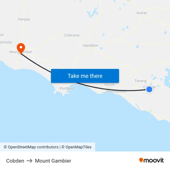 Cobden to Mount Gambier map