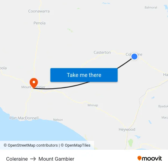 Coleraine to Mount Gambier map