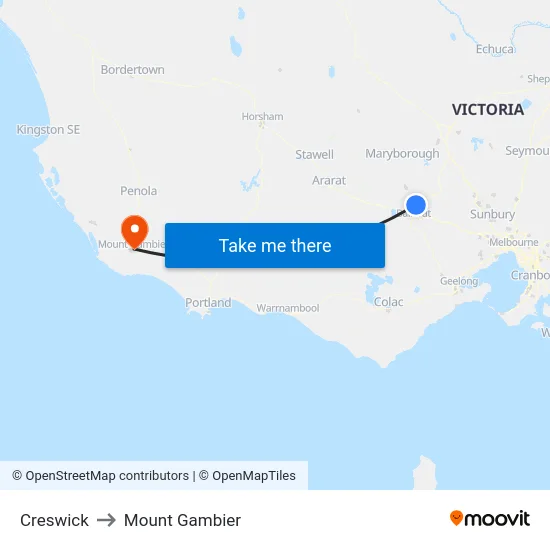 Creswick to Mount Gambier map