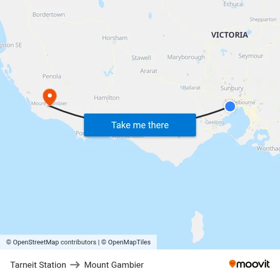 Tarneit Station to Mount Gambier map